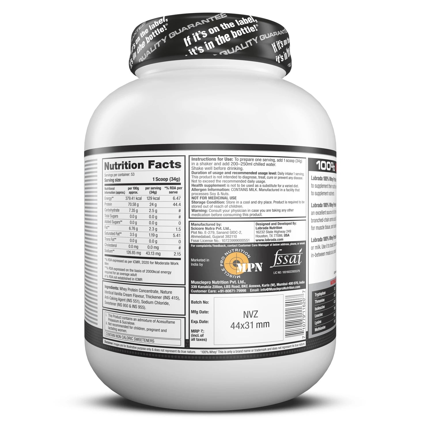 Labrada 100% Whey Protein, 1.81 Kg (3.9 Lb), Chocolate