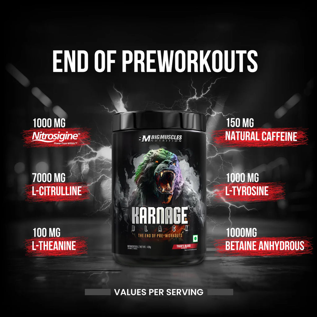 BM Karnage Black Pre-Workout – Hardcore Energy, Focus & Pump Formula, 30 Servings