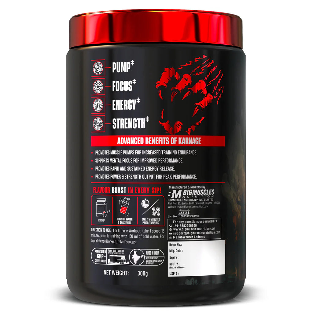 Bigmuscles Nutrition Karnage Pre workout, 60 Servings, Sex On the Beach Flavour, 300mg