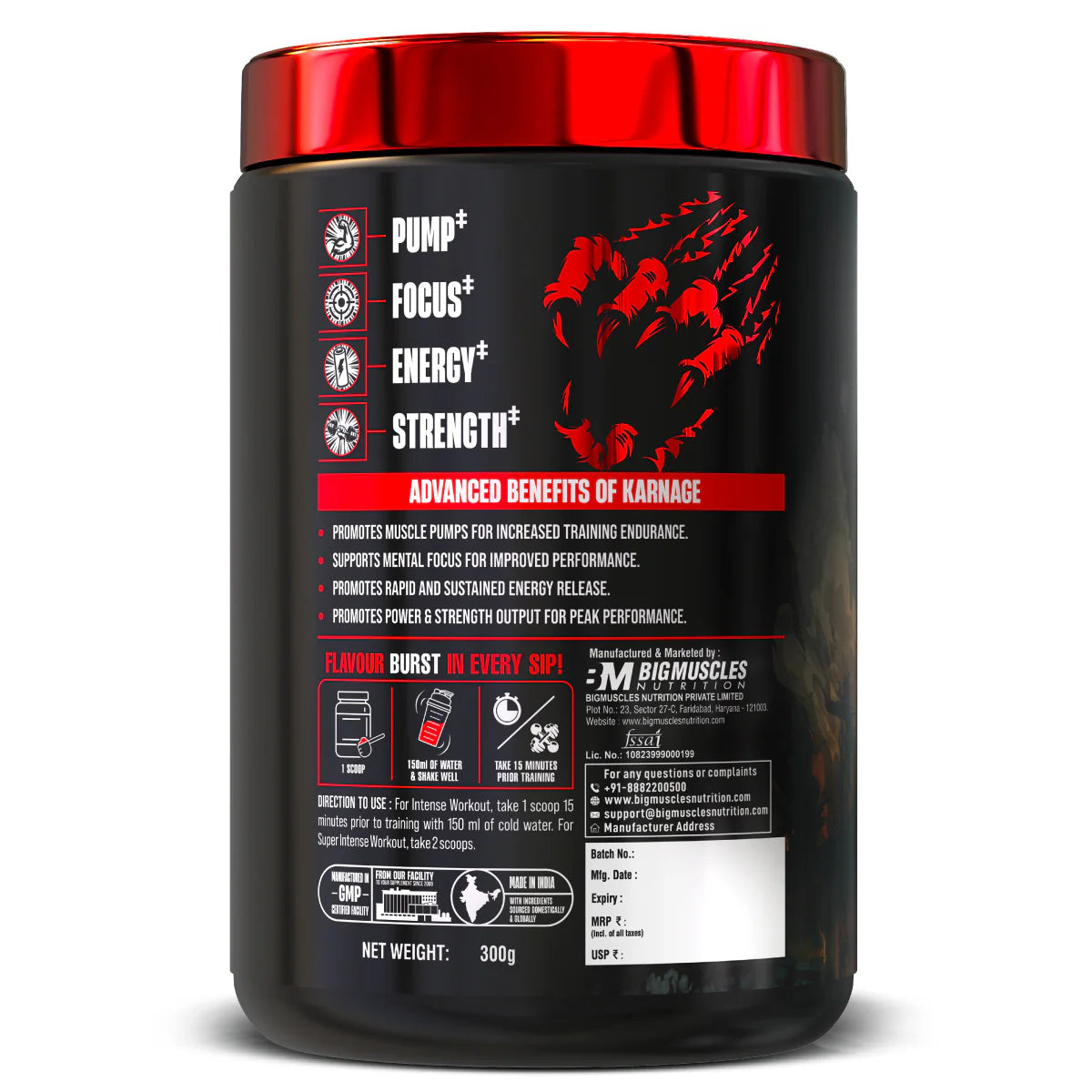 Bigmuscles Nutrition Karnage Pre workout, 60 Servings, Sex On the Beach Flavour, 300mg