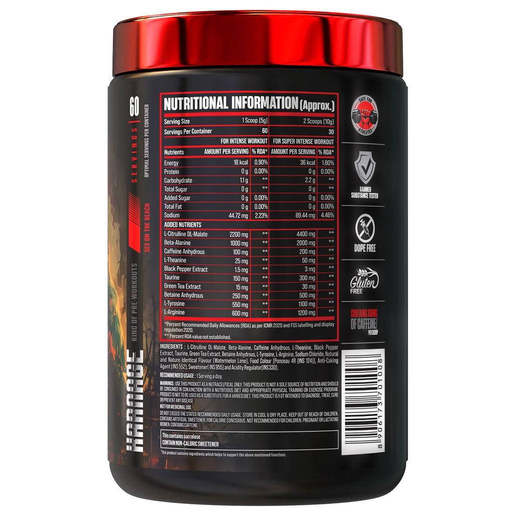 Bigmuscles Nutrition Karnage Pre workout, 60 Servings, Sex On the Beach Flavour, 300mg