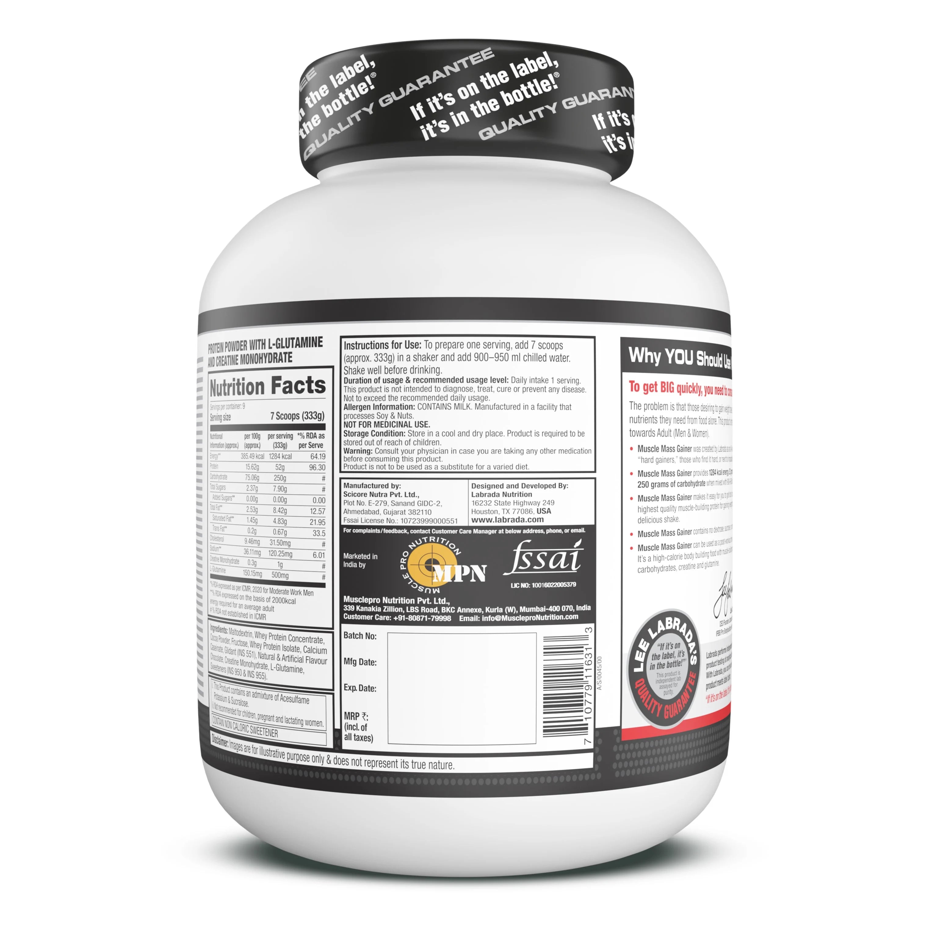 Labrada Muscle Mass Gainer - 3 Kg (6.6 Lb), Chocolate