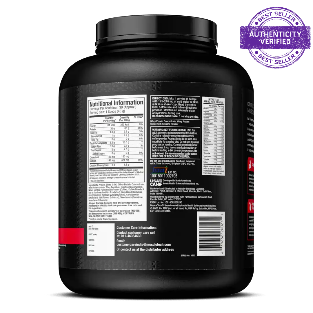 Muscletech™ Nitro-Tech™ Whey Protein Protein Powder, Whey Protein, 1.81kg, Milk Chocolate