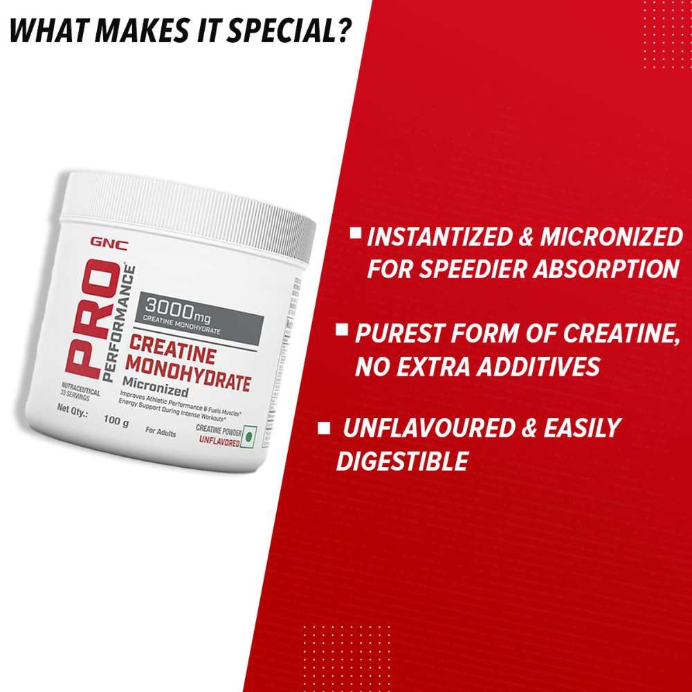 GNC Pro Performance Creatine Monohydrate, (Unflavoured, 250 gm Powder), Boosts Athletic Performance | Micronized Fuels Muscles | Provides Energy Support for Heavy Workout | Formulated In USA