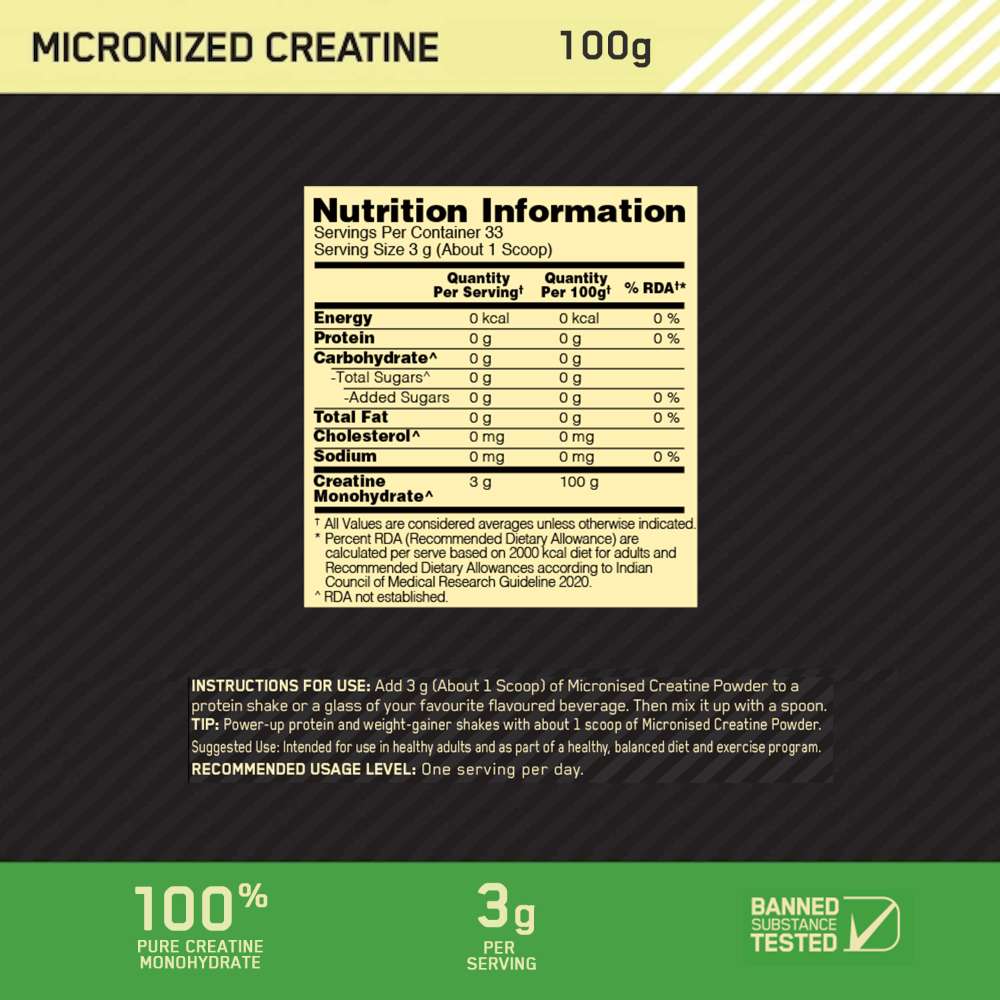 Optimum Nutrition (ON) Micronized Creatine Monohydrate Powder - 100 gm