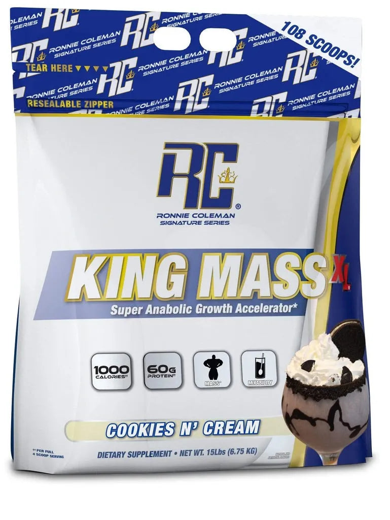 Ronnie Coleman Signature Series King Mass XL Protein Powder, Weight and Muscle Gainer, 60g Protein, 180g Carbohydrates, 1,000+ Calories Per Serving, Creatine and Glutamine (15lb, Cookies and Cream)