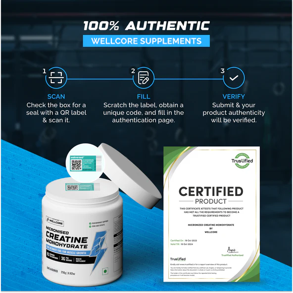 Wellcore – Micronised Creatine Monohydrate (250g, 83 Servings) | 100% Pure Creatine